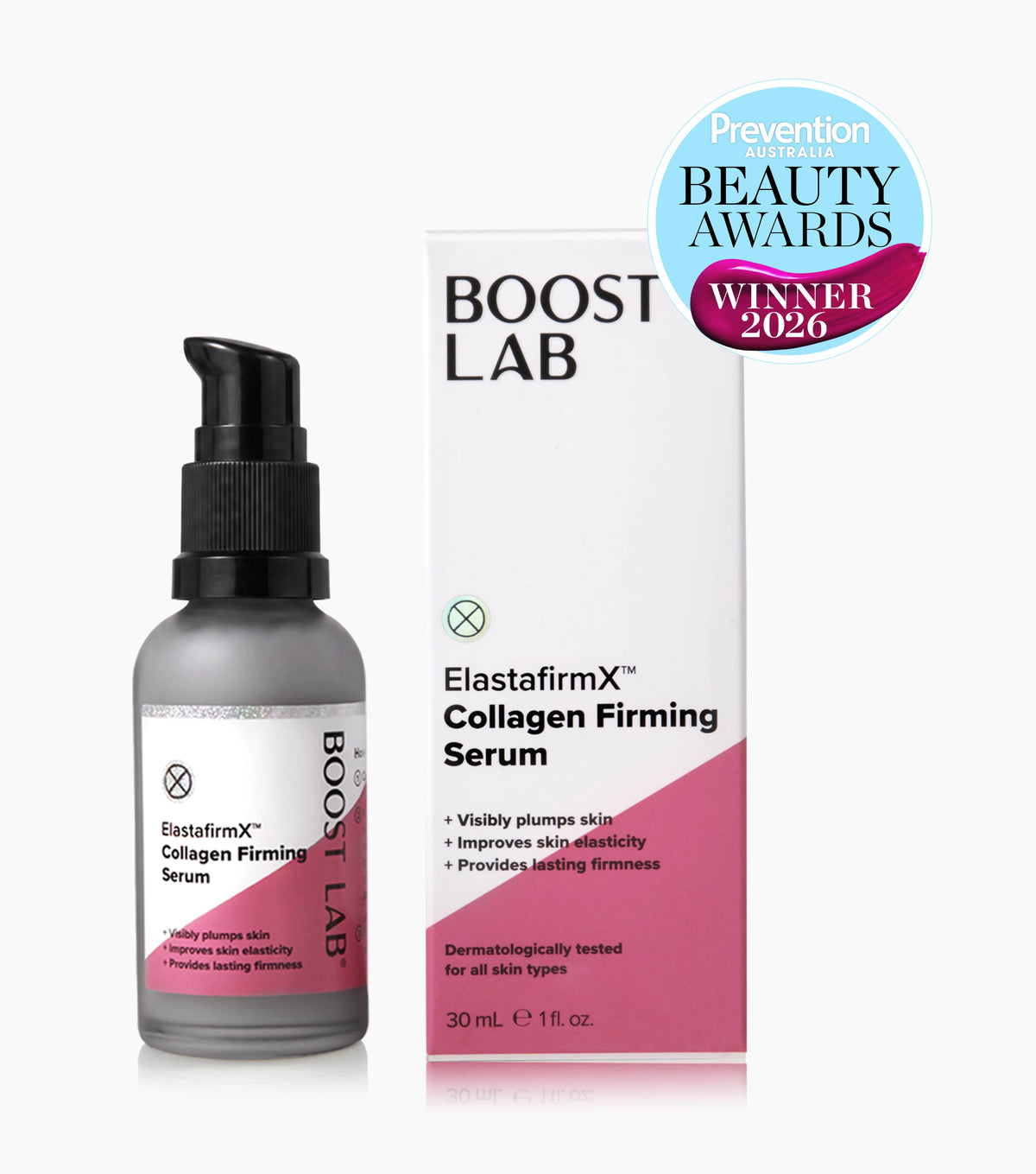 Boost Lab ElastafirmX Collagen Firming Serum bottle and packaging on a white background with a Prevention Beauty Award logo