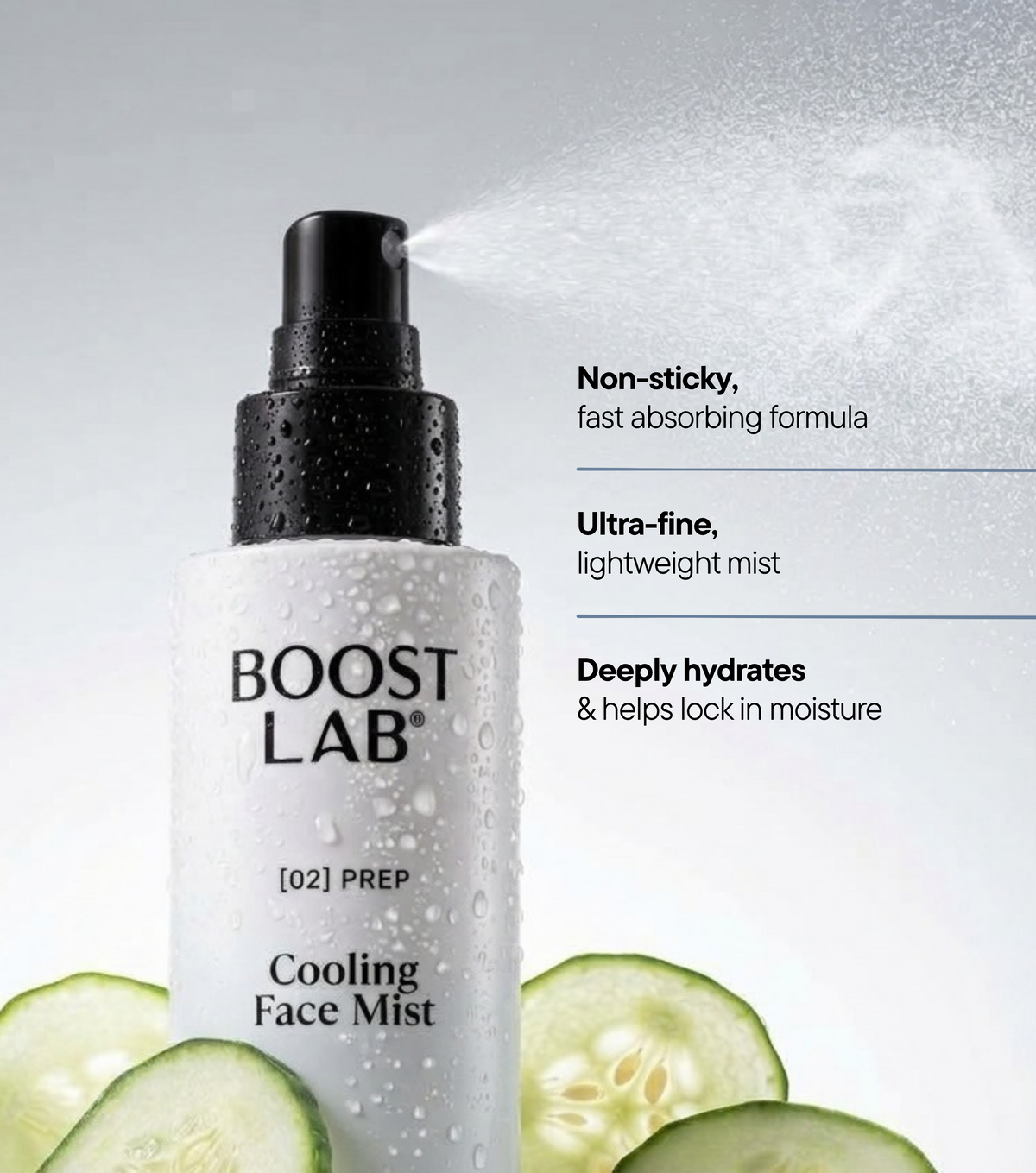 Boost Lab Cooling Face Mist spraying a fine mist, with cucumber slices and product benefit callouts