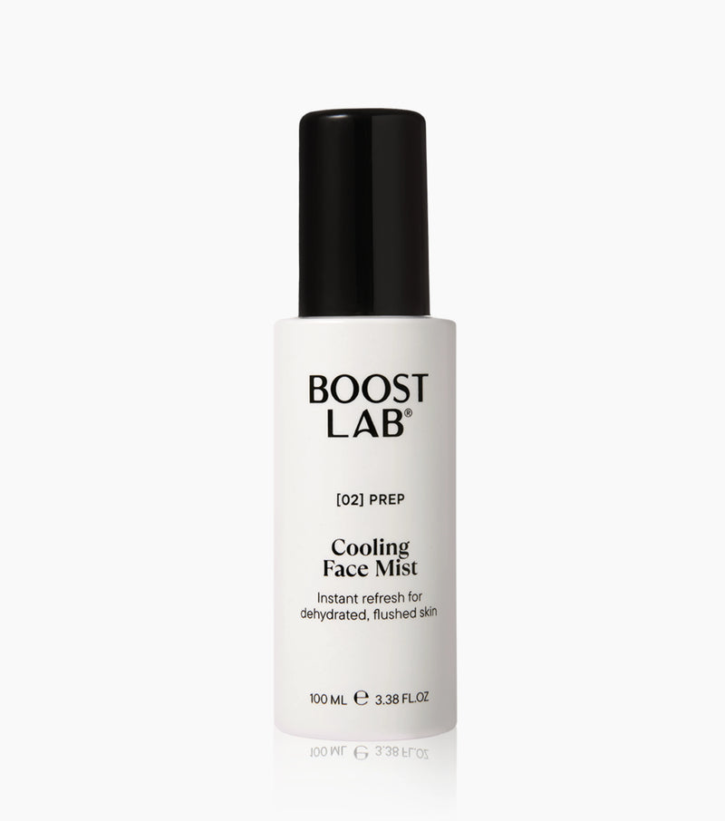Boost Lab Cooling Face Mist, a hydrating face mist spray in a white bottle with a black cap