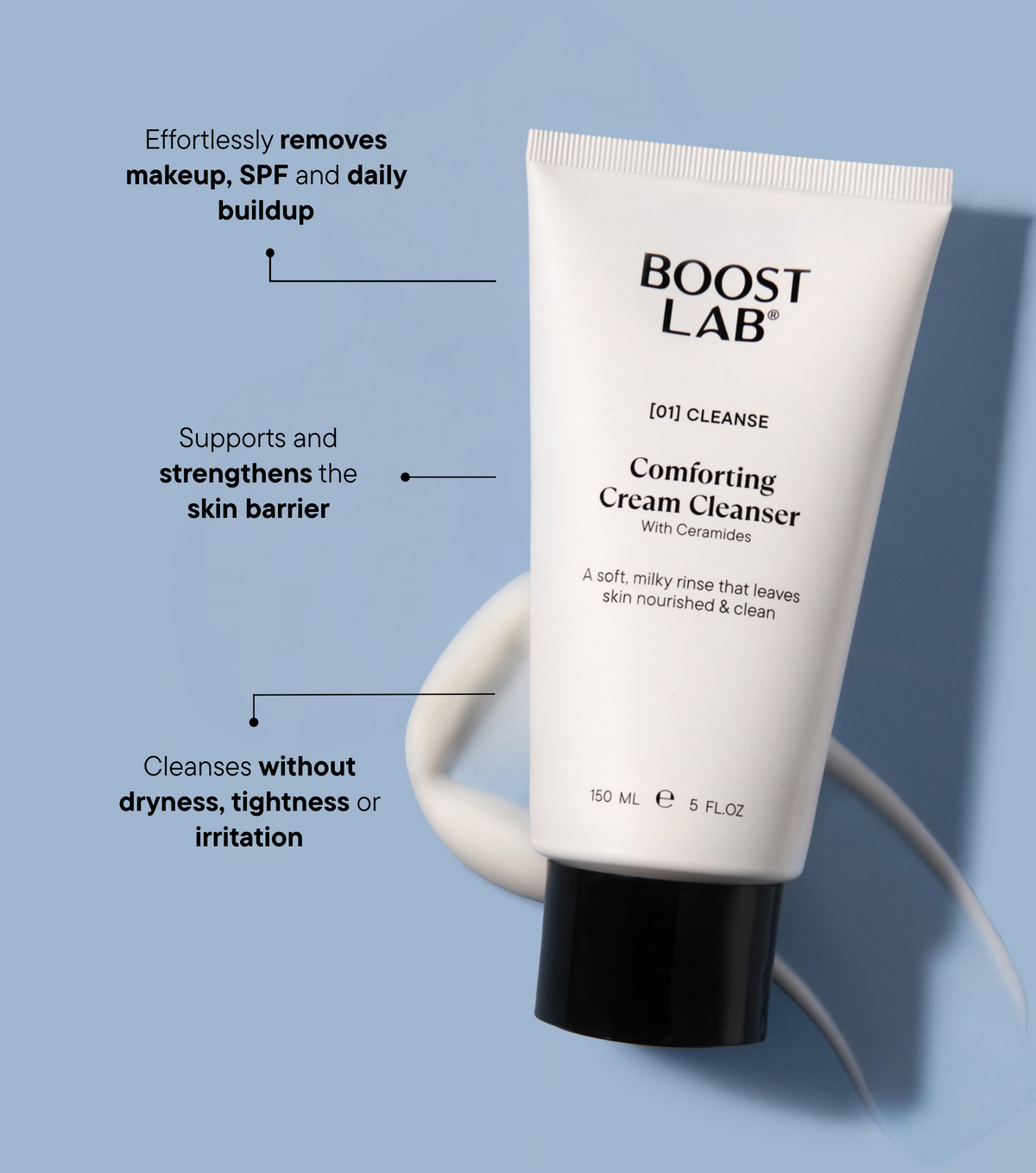 Boost Lab Comforting Cream Cleanser on a blue background with labelled product benefit callouts