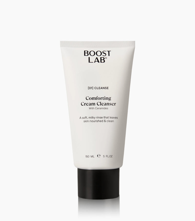 Boost Lab Comforting Cream Cleanser with Ceramides in a white tube with a black cap