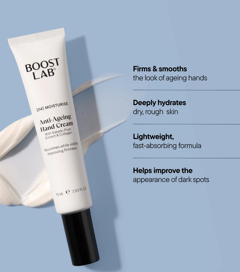 Boost Lab Anti-Ageing Hand Cream with benefits: firms and smooths the look of ageing hands, deeply hydrates dry, rough skin, lightweight fast-absorbing formula, helps improve the appearance of dark spots
