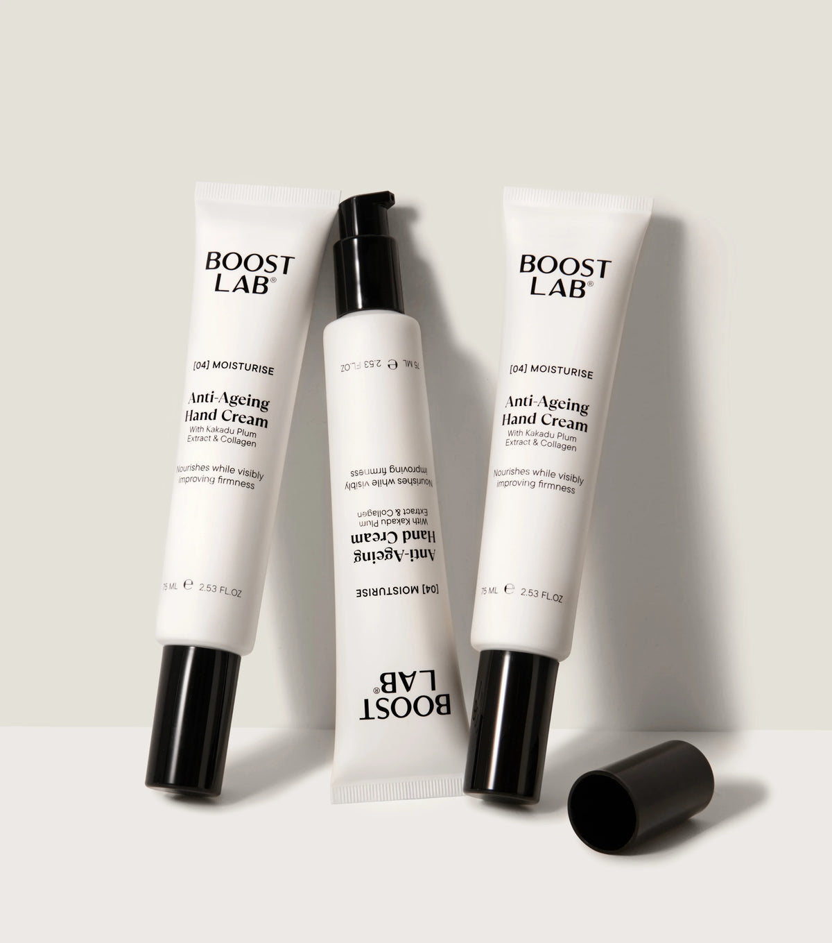 Boost Lab Anti-Ageing Hand Cream tubes grouped together on a neutral background