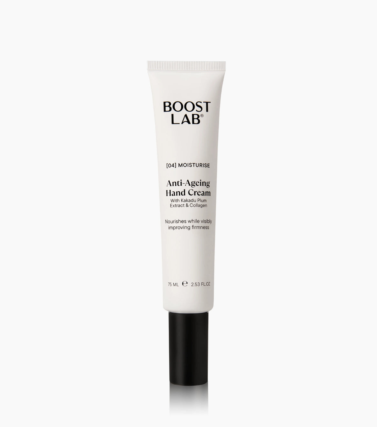 Boost Lab Anti-Ageing Hand Cream in a white squeeze tube with a black cap, on a white background