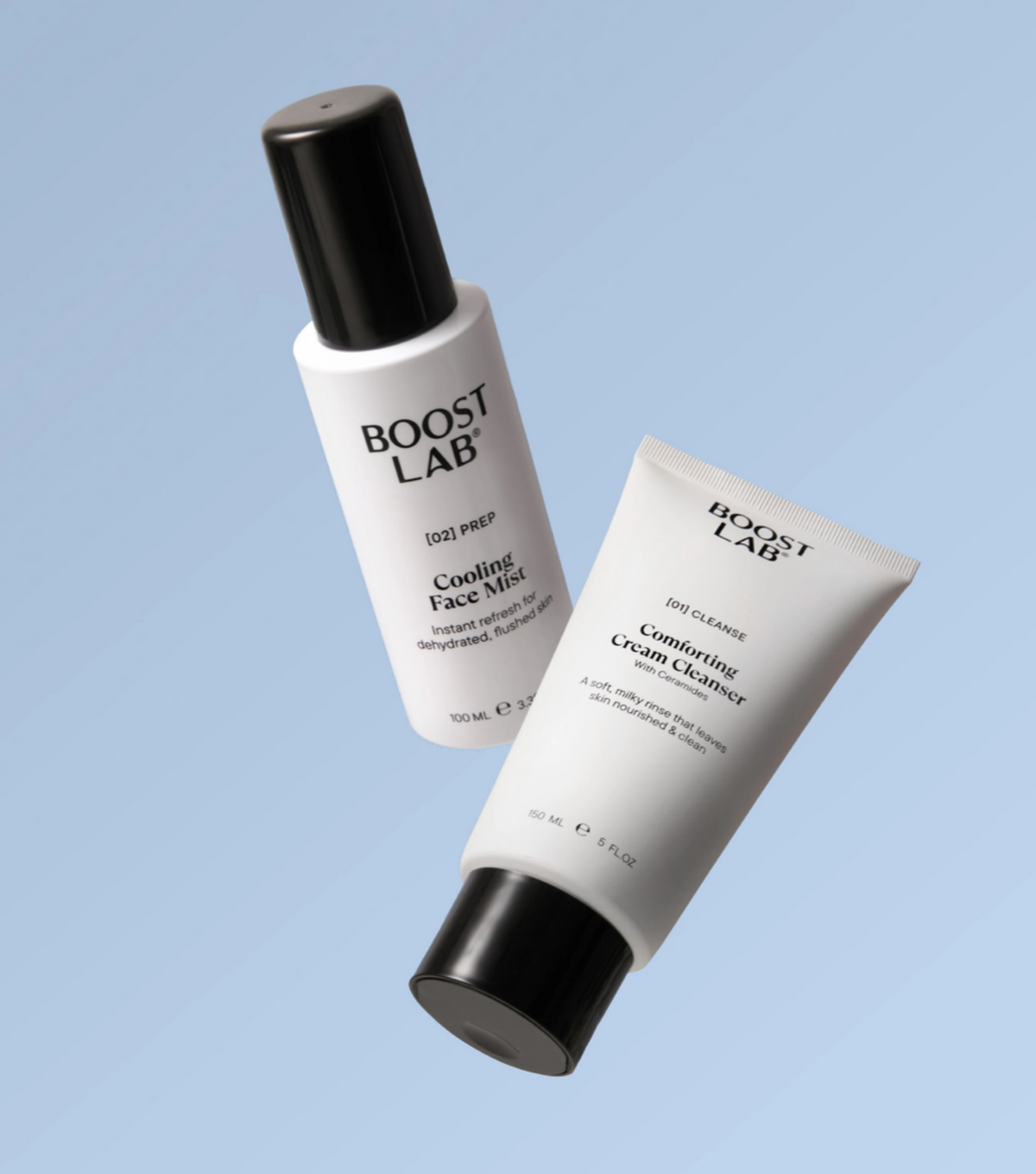 Boost Lab Cooling Face Mist and Comforting Cream Cleanser floating against a pale blue background