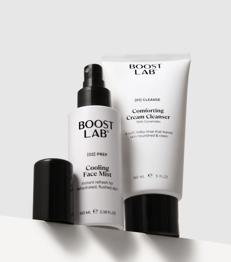 Boost Lab Cooling Face Mist and Comforting Cream Cleanser standing upright with their black caps removed