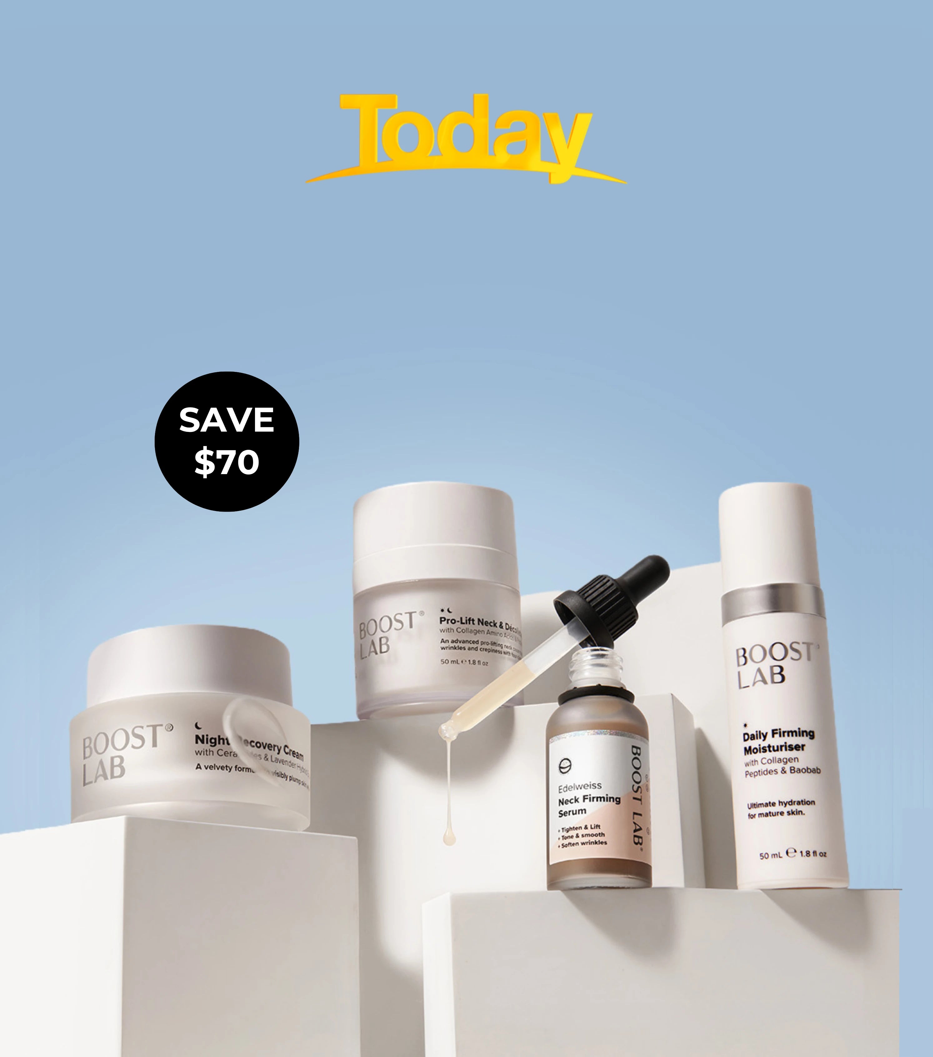 The products in the bundle arranged on white geometric pedestals against a light blue background, with a yellow 'Today' banner and a black 'SAVE $70' badge. 