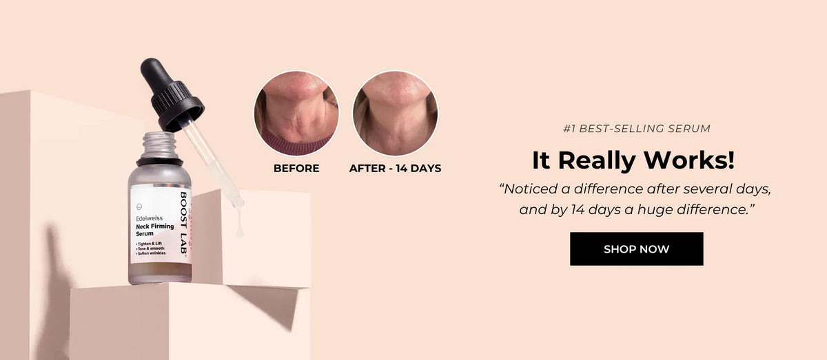 Skincare serum with 'before' and 'after' results on a beige background